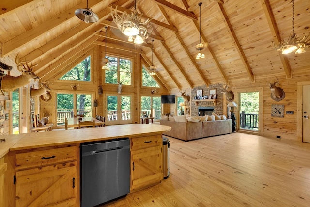 kitchen featuring wood walls, light hardwood / wood-style flooring, beamed ceiling, and stainless steel dishwasher