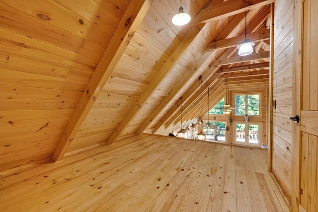 additional living space with wood-type flooring, lofted ceiling with beams, wooden ceiling, and wood walls