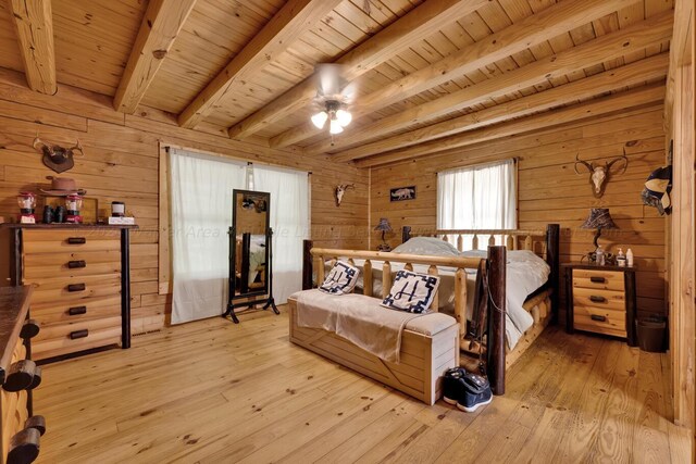 bedroom featuring beamed ceiling, wood ceiling, wooden walls, and light hardwood / wood-style flooring