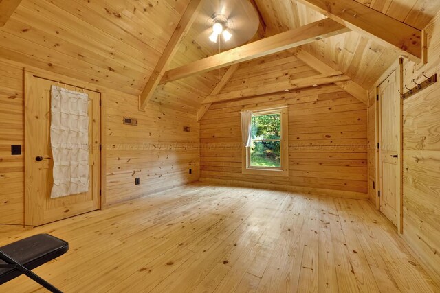 additional living space with wood ceiling, ceiling fan, wooden walls, lofted ceiling with beams, and hardwood / wood-style flooring