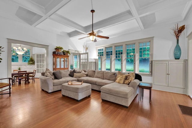 1600 Birmingham Ave, Jasper, AL 35501 - living area with coffered ceiling, ceiling fan, healthy amount of natural light, wood finished floors, and beam ceiling