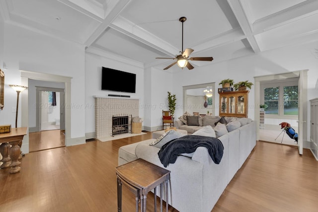 1600 Birmingham Ave, Jasper, AL 35501 - living area with coffered ceiling, ceiling fan, wood finished floors, french doors, and beamed ceiling