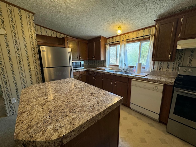 1139 Pumpkin Center Cut Off Rd, Quinton, AL 35130 - kitchen with a sink, light floors, a textured ceiling, under cabinet range hood, and stainless steel appliances