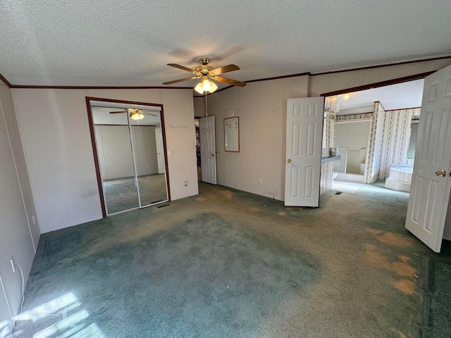 1139 Pumpkin Center Cut Off Rd, Quinton, AL 35130 - unfurnished bedroom with carpet floors, a textured ceiling, ceiling fan, and crown molding