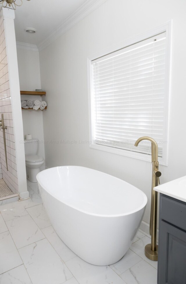 full bathroom with vanity, shower with separate bathtub, toilet, and crown molding