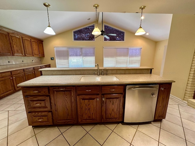 312 Crescent Cir, Jasper, AL 35503 - kitchen featuring ceiling fan, light countertops, lofted ceiling, stainless steel dishwasher, and light tile patterned floors