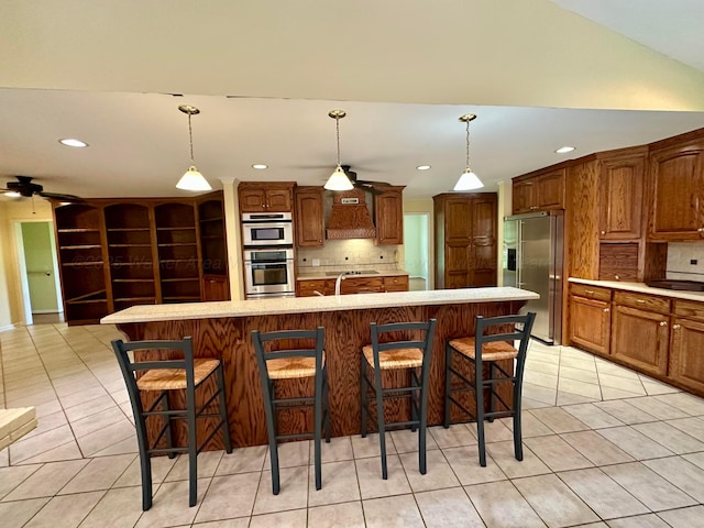 312 Crescent Cir, Jasper, AL 35503 - kitchen with appliances with stainless steel finishes, light tile patterned floors, premium range hood, decorative backsplash, and recessed lighting