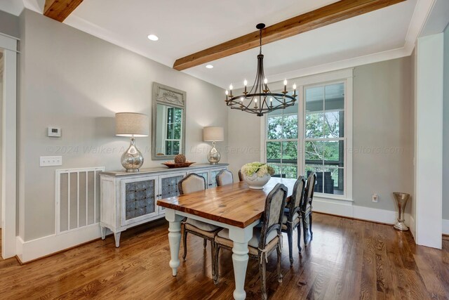 397 Blue Water Pointe Dr, Jasper, AL 35504 - dining space featuring an inviting chandelier, dark wood-style flooring, beamed ceiling, and visible vents