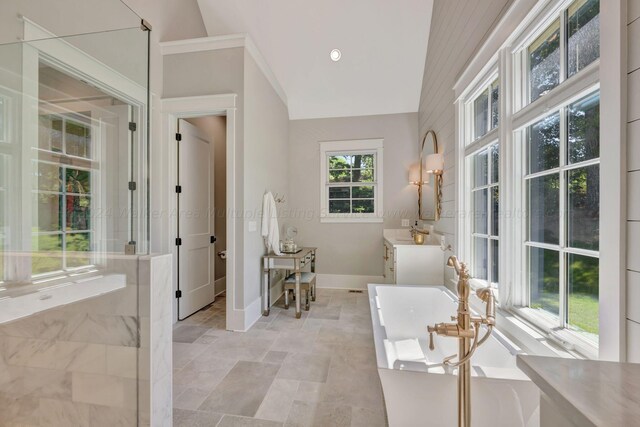 397 Blue Water Pointe Dr, Jasper, AL 35504 - full bathroom with baseboards, high vaulted ceiling, a soaking tub, and vanity