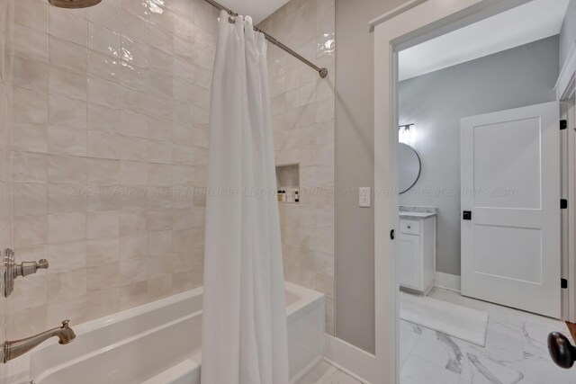397 Blue Water Pointe Dr, Jasper, AL 35504 - full bath featuring marble finish floor, shower / bath combo with shower curtain, vanity, and baseboards