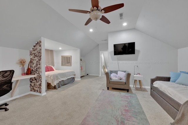 bedroom with visible vents, carpet, baseboards, recessed lighting, and vaulted ceiling