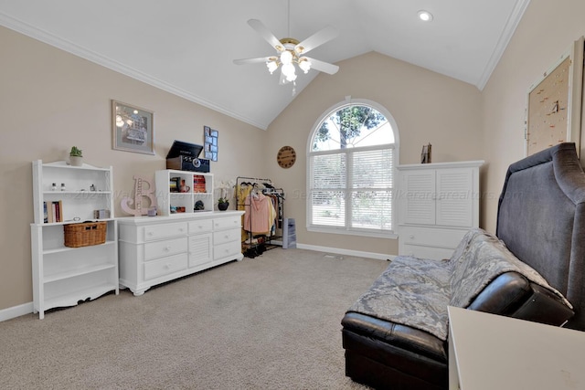 sitting room featuring crown molding, vaulted ceiling, carpet, baseboards, and a ceiling fan