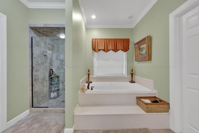 bathroom featuring baseboards, tiled shower, ornamental molding, and a bath