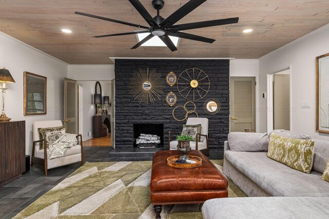 400 N Crest Cir, Jasper, AL 35501 - living area with wood ceiling, ceiling fan, ornamental molding, a stone fireplace, and recessed lighting