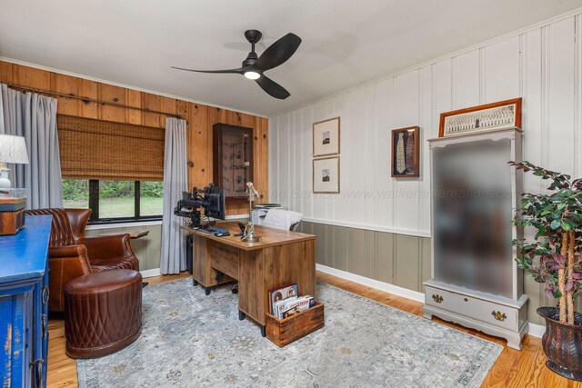 400 N Crest Cir, Jasper, AL 35501 - office space with ornamental molding, a ceiling fan, wood finished floors, wood walls, and baseboards