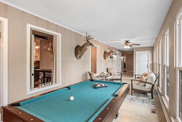 58 Lake Ln, Jasper, AL 35504 - playroom featuring pool table, ornamental molding, a ceiling fan, light tile patterned flooring, and visible vents