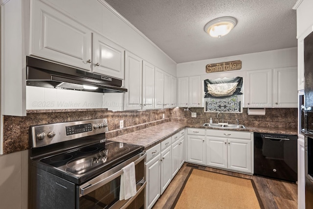 58 Lake Ln, Jasper, AL 35504 - kitchen featuring dishwasher, stainless steel range with electric stovetop, a sink, under cabinet range hood, and white cabinetry