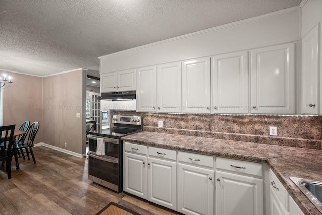 58 Lake Ln, Jasper, AL 35504 - kitchen featuring ornamental molding, a textured ceiling, under cabinet range hood, decorative backsplash, and double oven range
