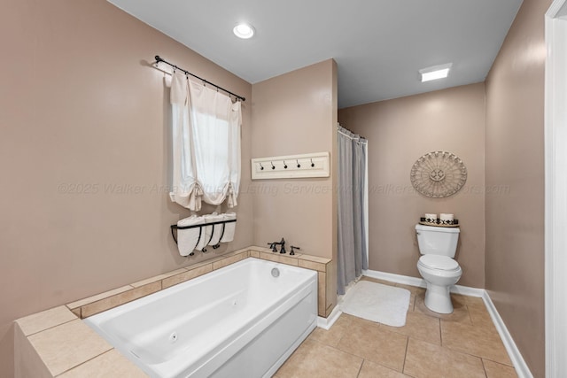 58 Lake Ln, Jasper, AL 35504 - full bathroom featuring baseboards, toilet, a jetted tub, tile patterned flooring, and a stall shower