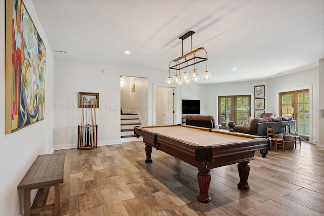 game room featuring recessed lighting, billiards, baseboards, french doors, and wood finished floors