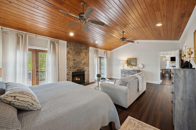 bedroom featuring ornamental molding, dark wood finished floors, wooden ceiling, and baseboards