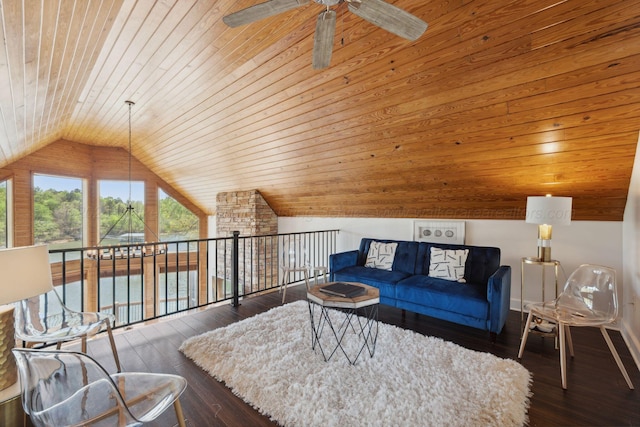 living area with vaulted ceiling, ceiling fan, wood-type flooring, and wood ceiling