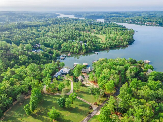 drone / aerial view with a water view and a forest view