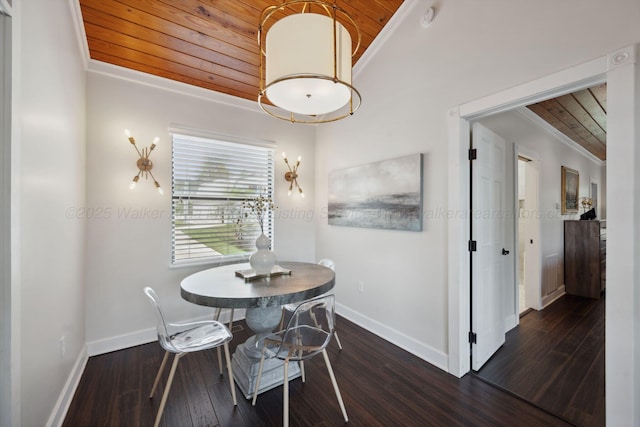 dining space featuring crown molding, dark wood-type flooring, wooden ceiling, and baseboards