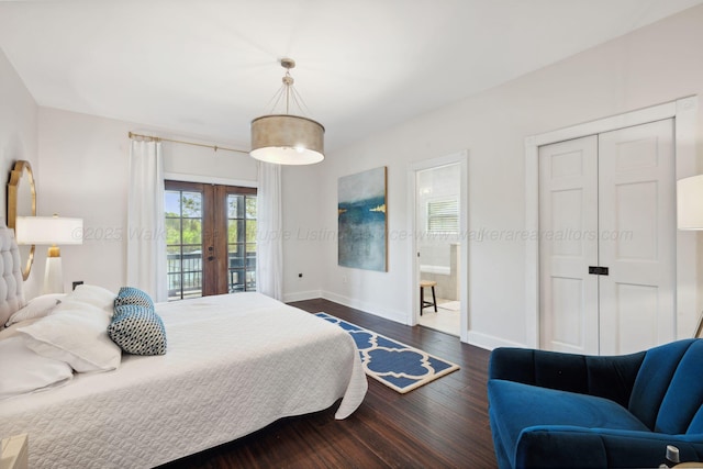 bedroom with dark wood-style flooring, french doors, access to exterior, and baseboards
