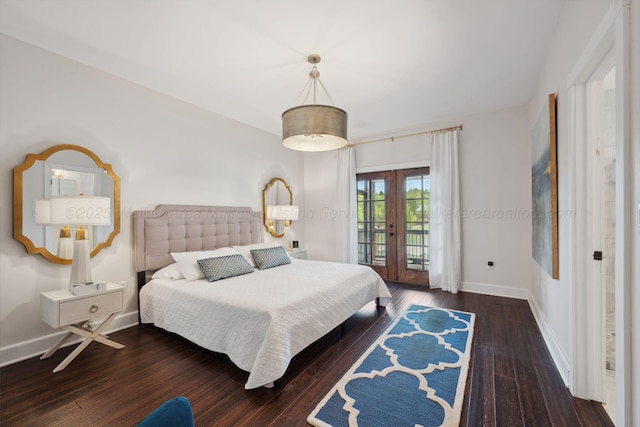 bedroom featuring french doors, hardwood / wood-style flooring, access to outside, and baseboards