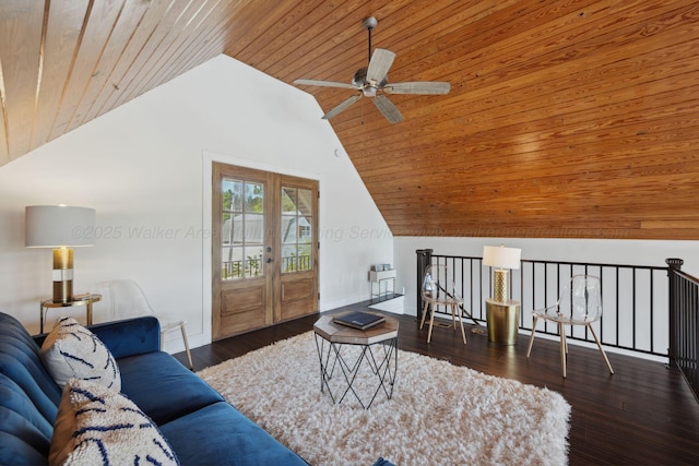 living area featuring wooden ceiling, ceiling fan, lofted ceiling, french doors, and wood finished floors