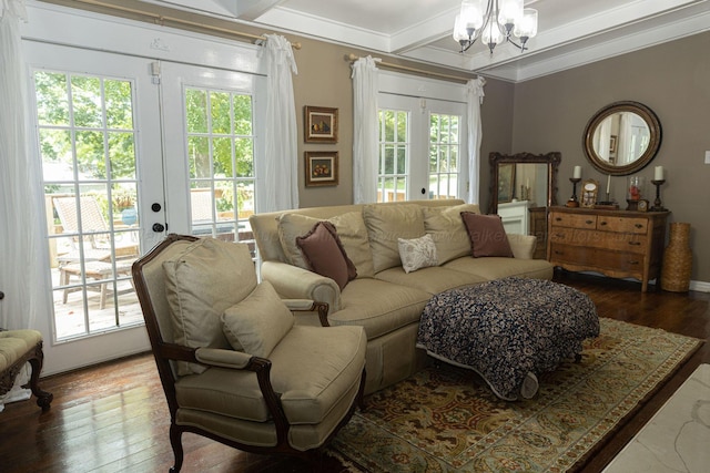 605 W 6th St, Jasper, AL 35501 - living room with french doors, a chandelier, coffered ceiling, hardwood / wood-style flooring, and beam ceiling