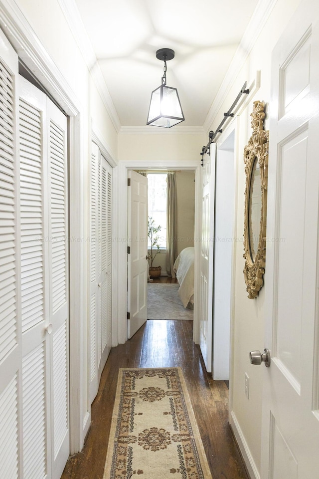 605 W 6th St, Jasper, AL 35501 - corridor with dark wood-type flooring, a barn door, and ornamental molding