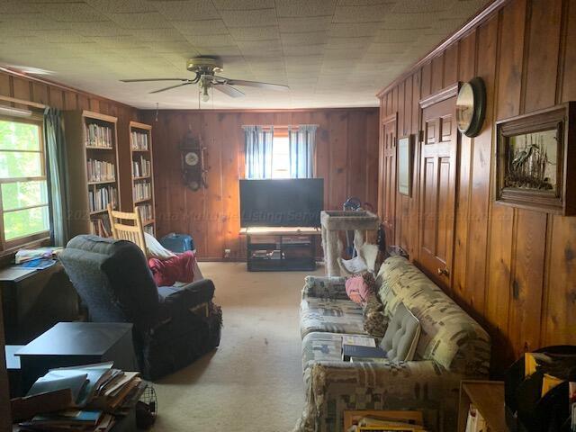 living room with ceiling fan, wood walls, light colored carpet, and a wealth of natural light