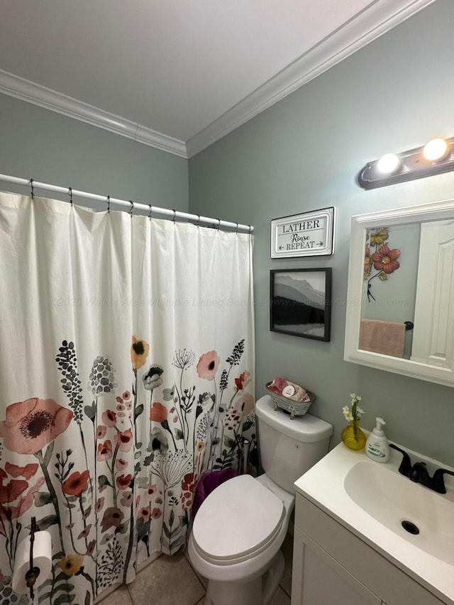 bathroom with curtained shower, tile patterned floors, toilet, vanity, and ornamental molding