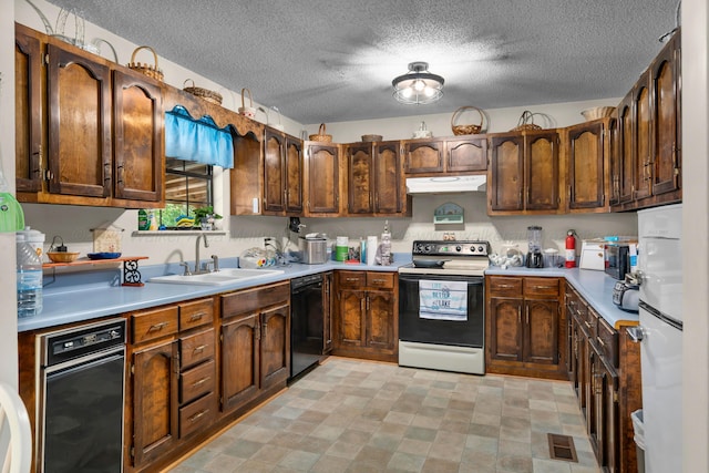kitchen with a sink, electric range, black dishwasher, light countertops, and under cabinet range hood