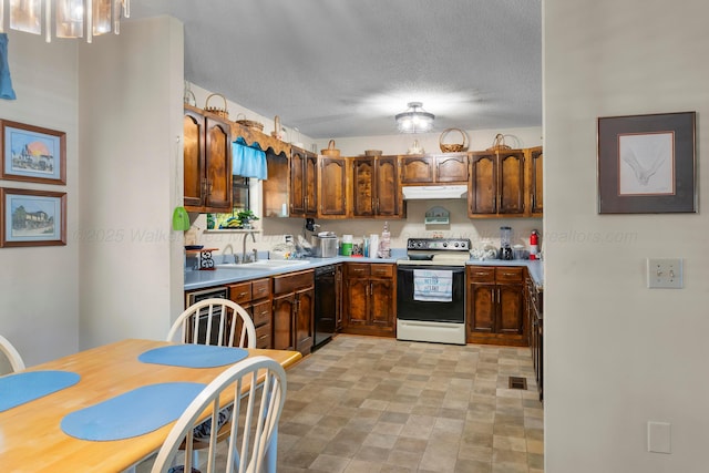 kitchen with a sink, range with electric stovetop, dishwasher, under cabinet range hood, and visible vents