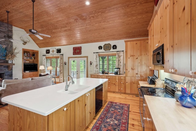 1617 S Stoney Rd, Double Springs, AL 35553 - kitchen featuring wooden ceiling, a sink, black appliances, light wood-style flooring, and light countertops