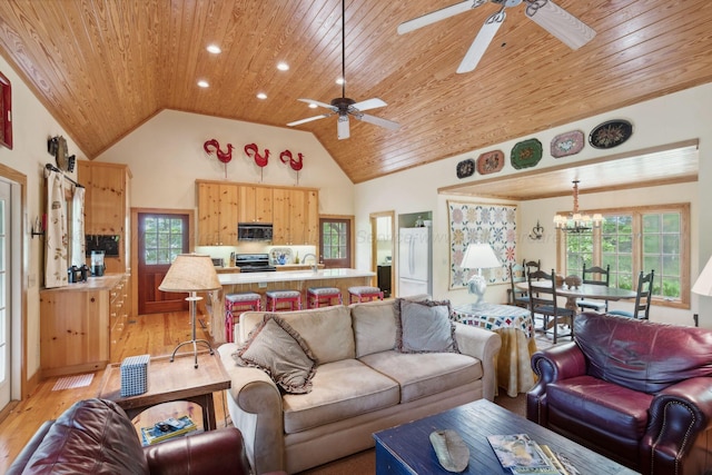 1617 S Stoney Rd, Double Springs, AL 35553 - living room with wooden ceiling, ceiling fan, light wood-type flooring, vaulted ceiling, and a chandelier