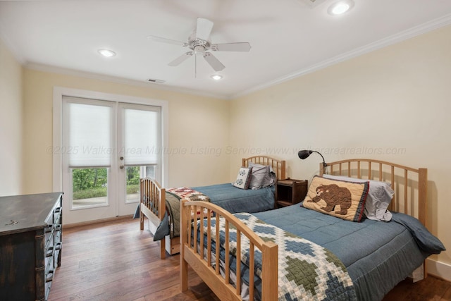 1617 S Stoney Rd, Double Springs, AL 35553 - bedroom featuring access to outside, ornamental molding, wood finished floors, french doors, and recessed lighting