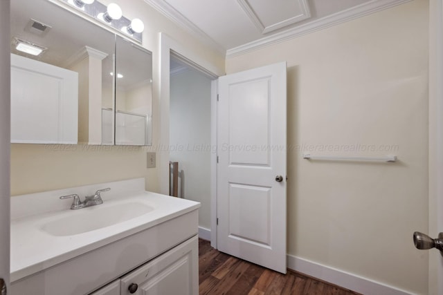 1617 S Stoney Rd, Double Springs, AL 35553 - bathroom featuring ornamental molding, wood finished floors, vanity, and baseboards