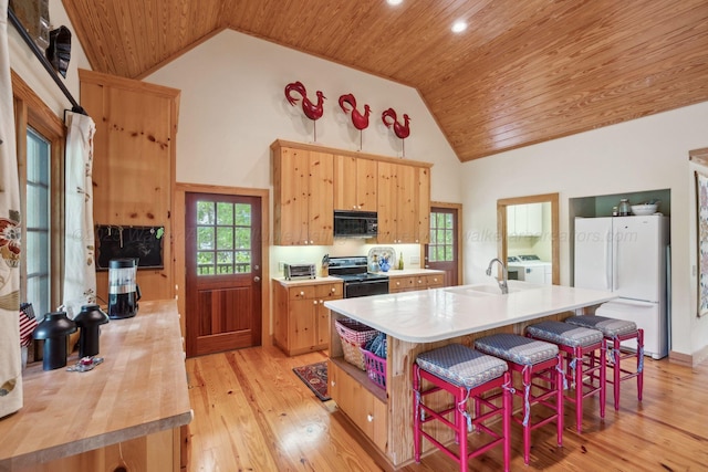 1617 S Stoney Rd, Double Springs, AL 35553 - kitchen featuring black appliances, wood ceiling, washer / clothes dryer, a sink, and light wood-style floors