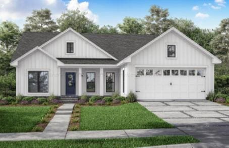 modern inspired farmhouse with roof with shingles, an attached garage, a front lawn, board and batten siding, and driveway