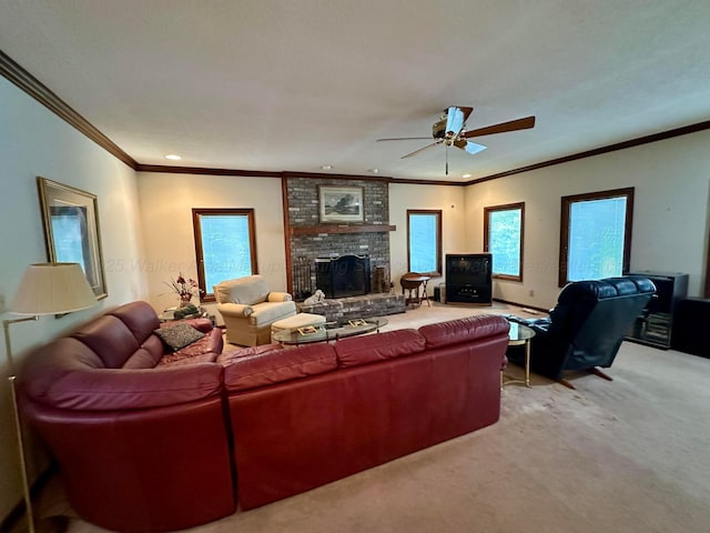 542 Llama Ln, Quinton, AL 35130 - living room with light colored carpet, ceiling fan, ornamental molding, a brick fireplace, and recessed lighting