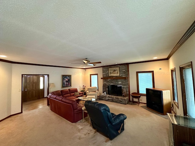 542 Llama Ln, Quinton, AL 35130 - living room with light colored carpet, crown molding, a textured ceiling, plenty of natural light, and a fireplace