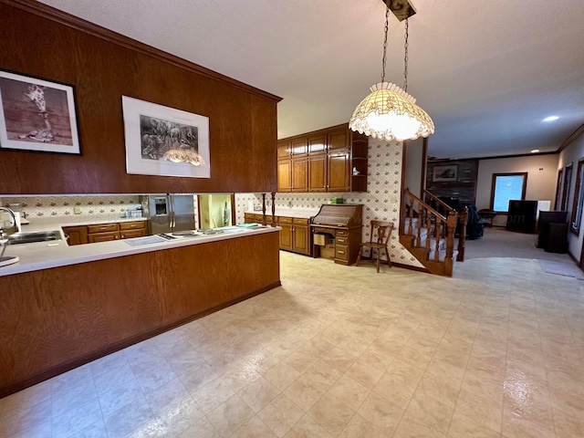 542 Llama Ln, Quinton, AL 35130 - kitchen featuring light countertops, light flooring, backsplash, brown cabinets, and crown molding