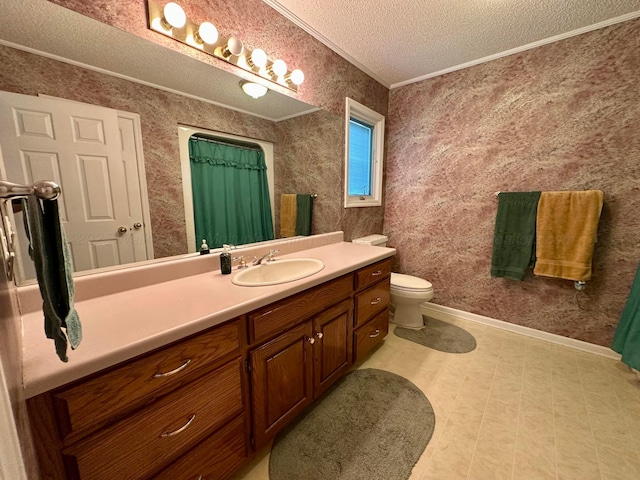 542 Llama Ln, Quinton, AL 35130 - bathroom featuring a textured ceiling, vanity, ornamental molding, and wallpapered walls