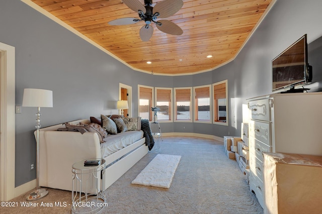 60 Sunset Dr, Arley, AL 35541 - carpeted living area featuring a ceiling fan, wooden ceiling, crown molding, and baseboards