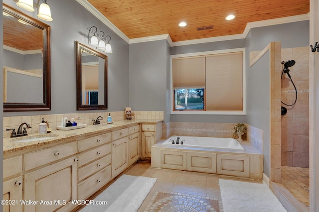 60 Sunset Dr, Arley, AL 35541 - full bath featuring crown molding, a tile shower, tile patterned floors, wood ceiling, and a sink
