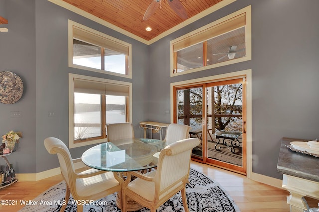 60 Sunset Dr, Arley, AL 35541 - dining area with wood ceiling, ceiling fan, crown molding, and light wood finished floors
